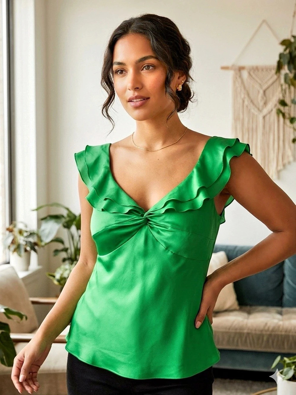 BCBGMAXAZRIA 100% Silk Ruffled V-Neck Lined Cami Blouse Top SizeM Vibrant Green